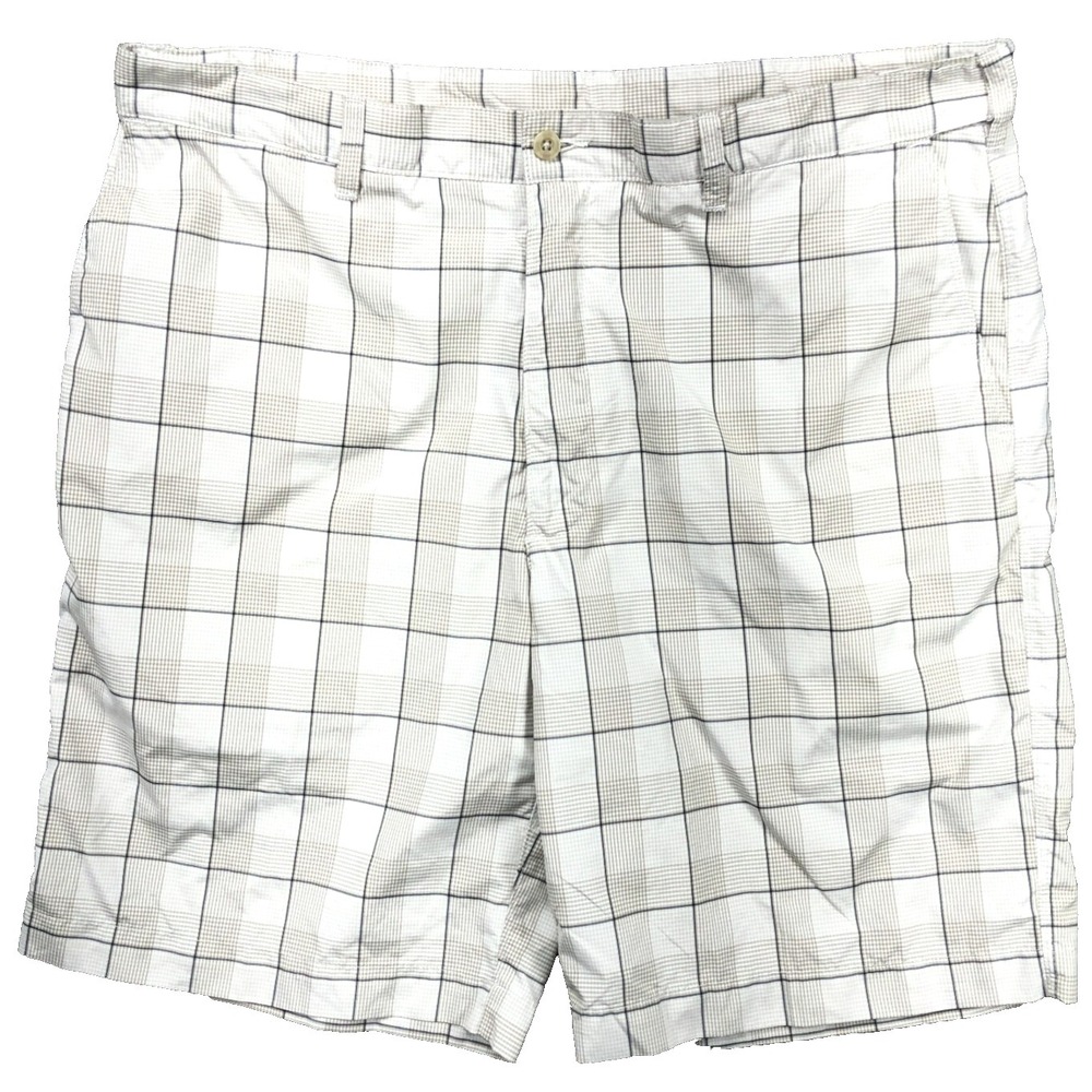 PGA Tour Golf Shorts‎ Men 36 Chino White Gray Plaid Flat Front Performance Dry
